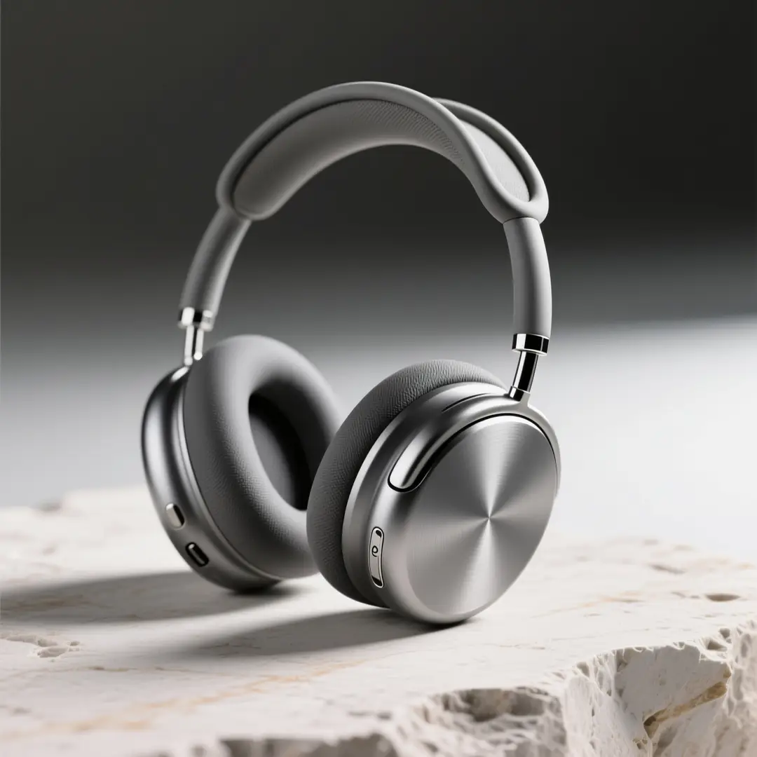 Silver headphones on a pale stone surface with a dark studio background
