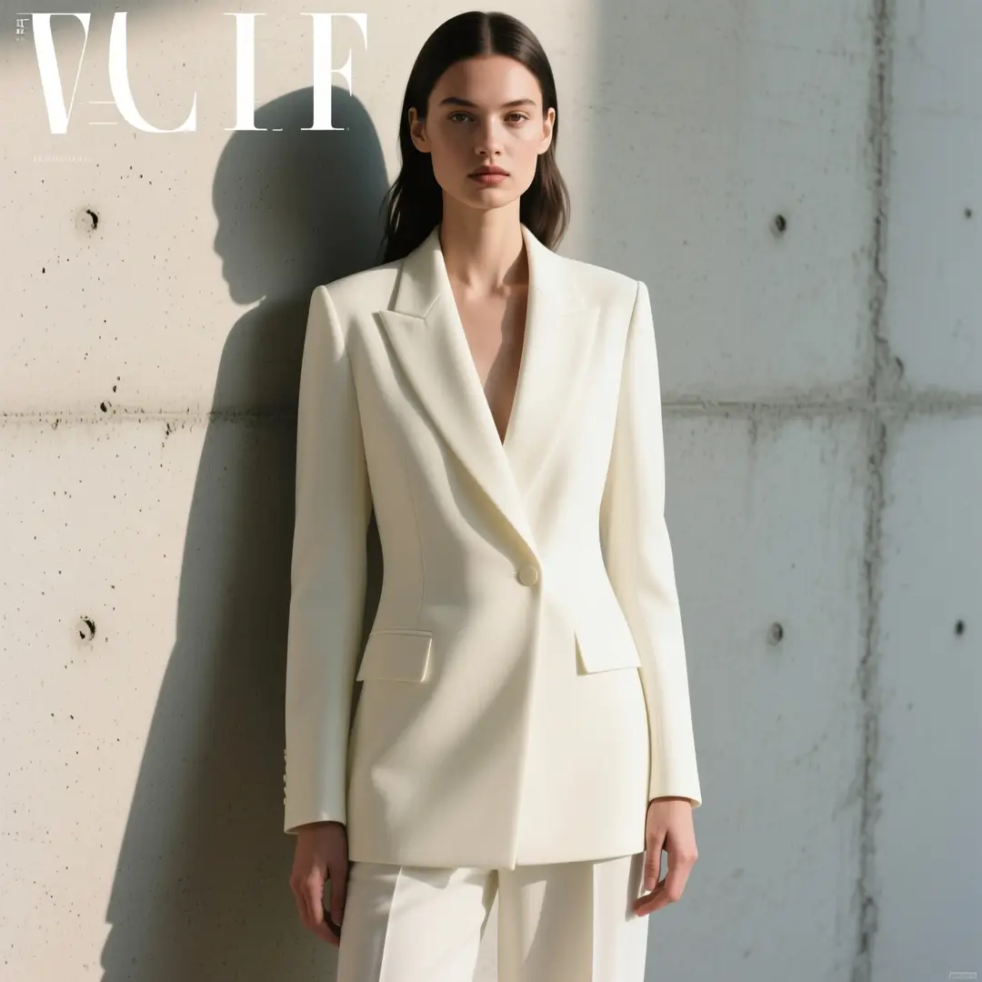 Fashion portrait in an ivory suit beside a sunlit textured wall