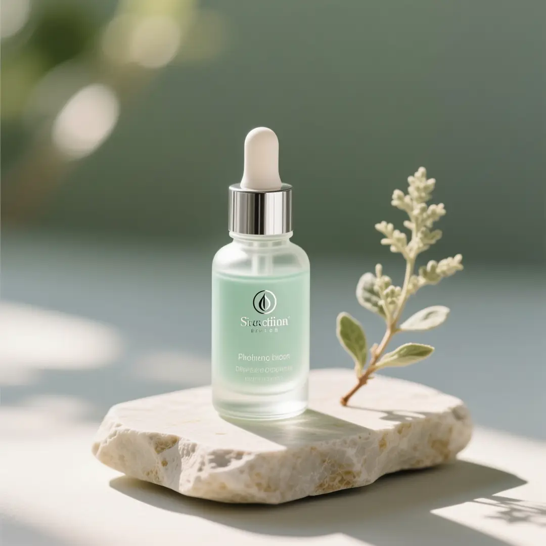 Green serum bottle with a white dropper and delicate botanical stems