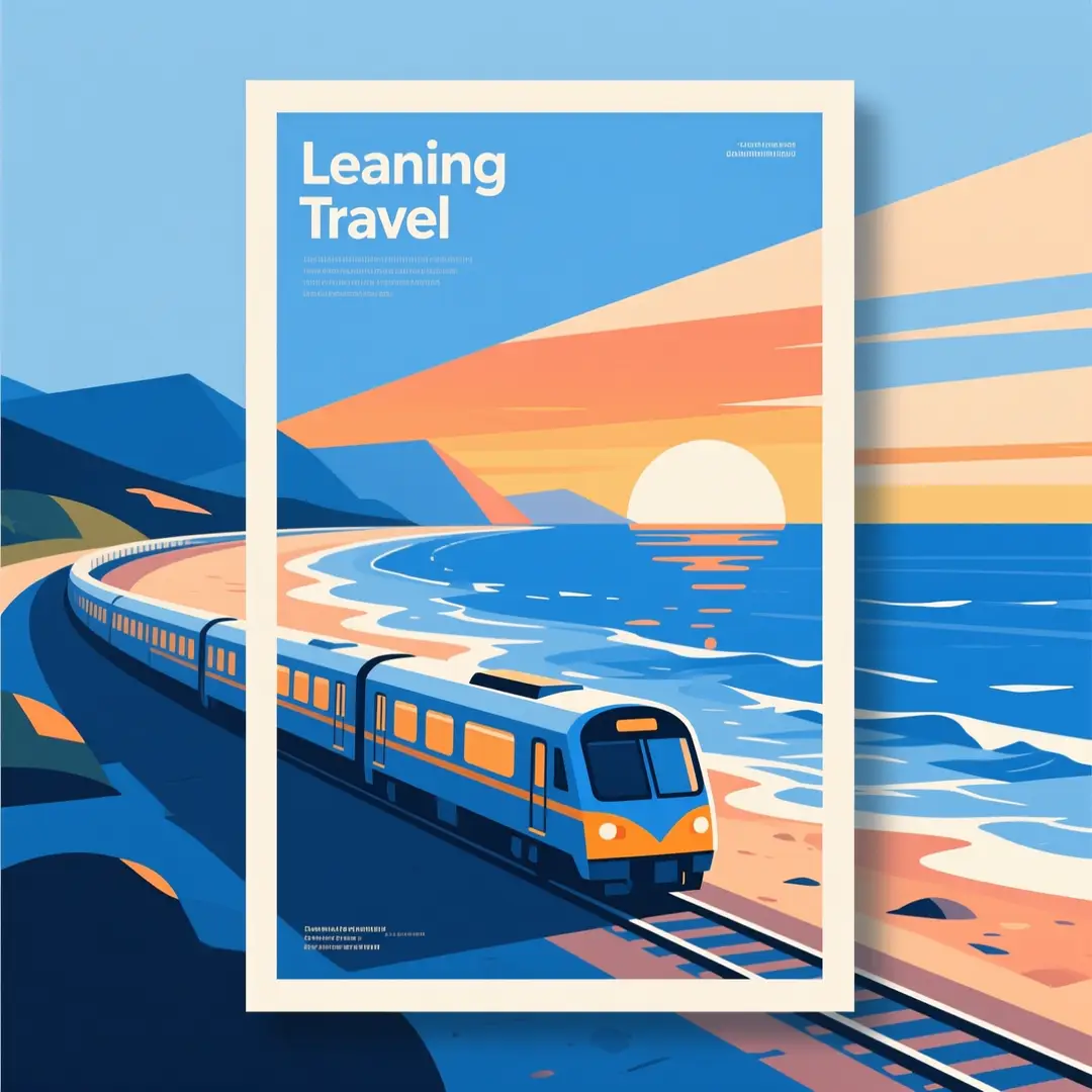Colorful illustrated coastal train poster with blue sea and an orange sunset
