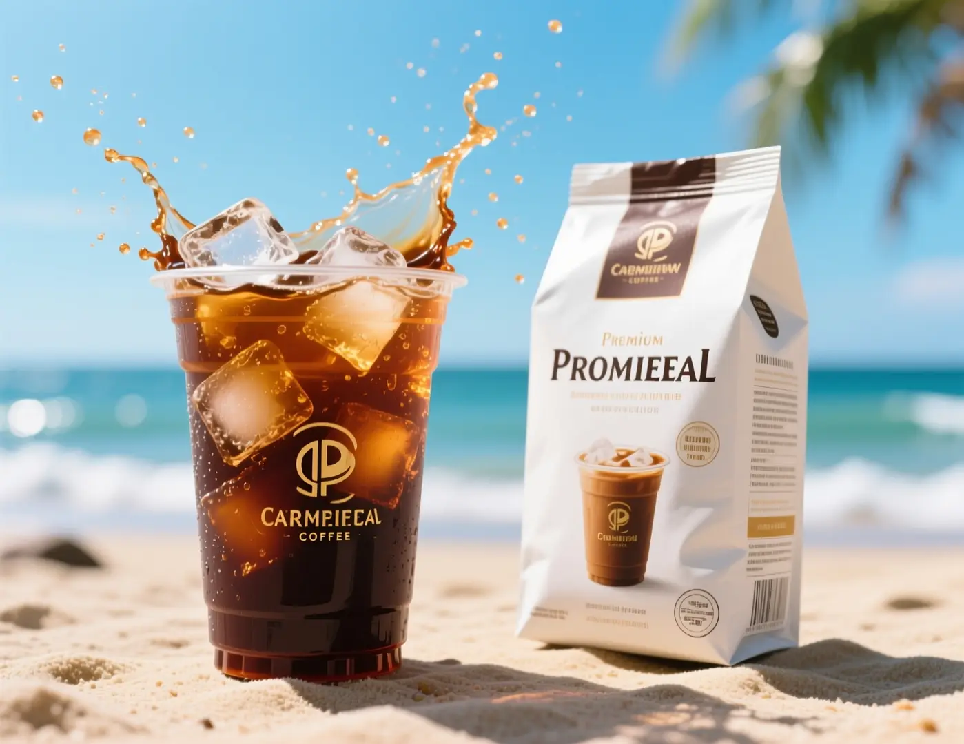 Iced coffee splashing on a sunny beach beside coffee packaging