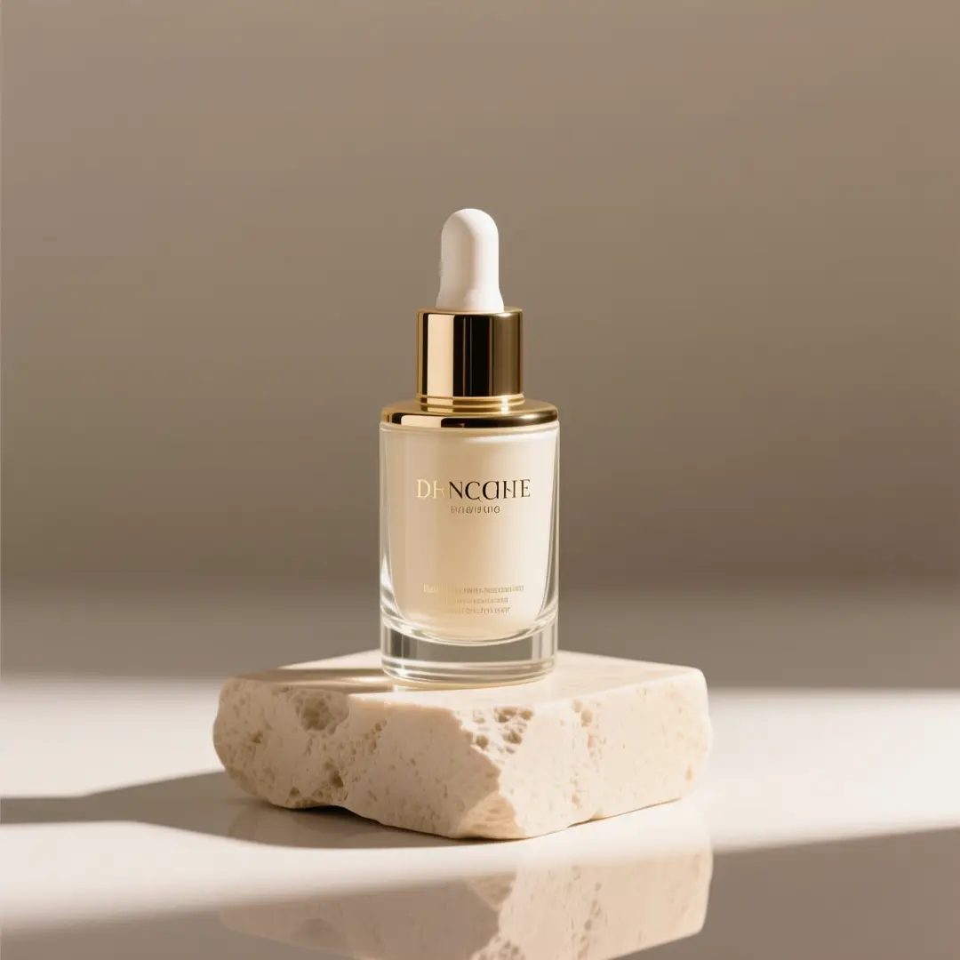 Glass serum bottle on warm stone with soft natural shadows