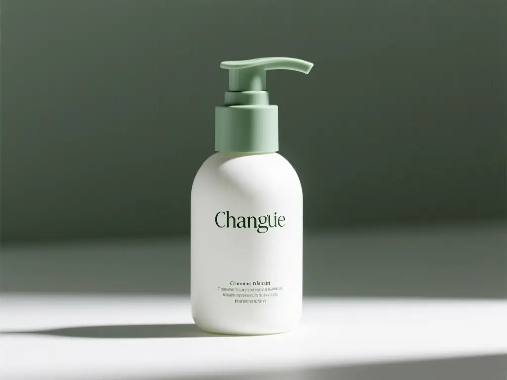 Pale green skincare pump bottle against a muted green background